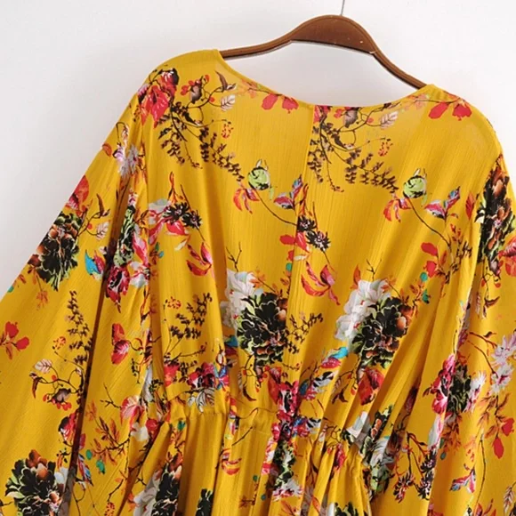 Bohemian Mustard Yellow Floral Print Batwing Festival Dress - Picture 7 of 9